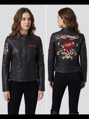 Ed Hardy Embroidered Leather Biker Jacket